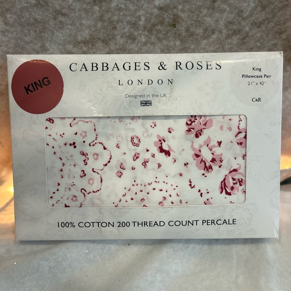 Cabbages & Roses Floral Pillowcases King Pink White Cotton Percale Set of 2 NEW